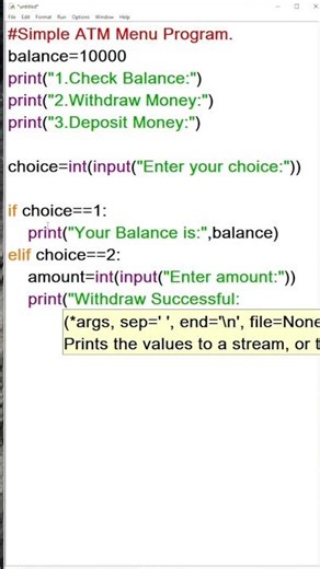 Simple ATM Menu Program in Python 🏧 | If Else Mini Project #shorts #pythonchallenge #pythonic #learn