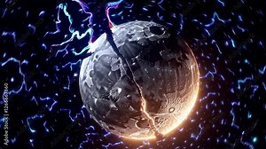 Colossal moon splitting apart with glowing cracks and electric energy surging through space