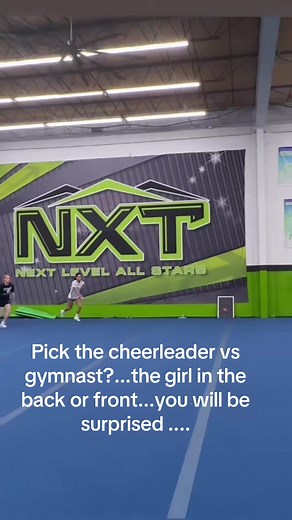 Which has the senior elite background, front or back? The gymnast? Both were on the cheer team
