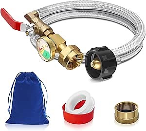 Boltigen Upgraded Propane Refill Adapter for 1 lb. Tanks, 3ft Stainless Steel Braid QCC1 Type Propane Tank Refill Adapter Filler Connector with Gauge & Valve, for Filling 1lb Bottles from 20lb Tank