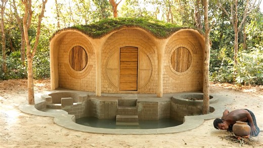 Building a swimming pool for a hobbit house villa with a beautiful living room