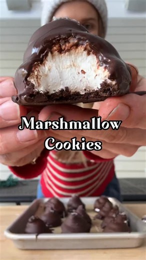 Jackie Bakula on Instagram: "These aren’t just cookies—they’re pillowy clouds of homemade marshmallow perched on crisp chocolate wafers, dunked in glossy dark chocolate, and finished with a pinch of flaky Maldon salt Recipe is in the caption below! If it’s not ridiculously delicious, I’m not posting it. Follow @chef_jackieb for zero boring recipes, daily chaos, and the exact “how the hell did she do that” tutorials you need! Marshmallow Cookies 🔪 1x recipe Pipe-able marshmallows @emcdowell Mars