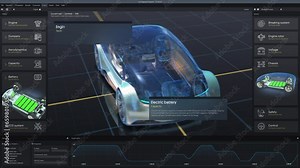 3D render of graphical user interface of professional software for eco-friendly car developing. Program for car diagnostic or testing with 3D virtual electric vehicle prototype. Computer screen view.