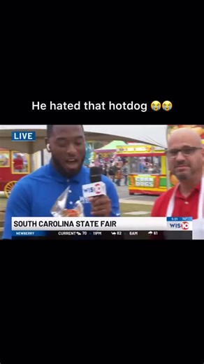 Daquan on Instagram: "He was fighting to not spit ts out 🤣🤣 👉🏾(via: austinmd2011/twitter) This clip comes from a live news broadcast at the South Carolina State Fair, where a reporter from WIS 10 News was doing an interview. In the video, the reporter’s expression turns hilariously serious after trying food from one of the stands—reportedly a “sausage dog.” His deadpan reaction, combined with his attempt to stay professional on live TV, made the moment instantly meme-worthy. #reels #memes #f