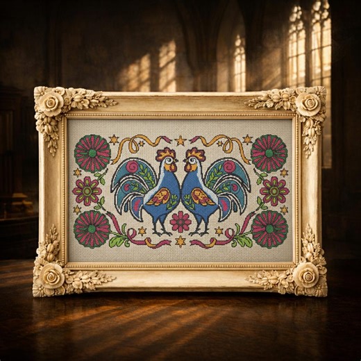 Folk Art Floral Traditional Rooster Cross Stitch Pattern Digital PDF Border Design - Etsy
