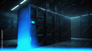 The looping video provides viewers with an immersive experience of a data center setting featuring multiple rows of fully operated server racks, highlighting the transformative potential of telecommun