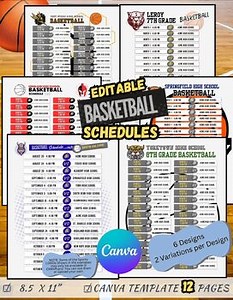 Editable Basketball Schedule CANVA Template | 6 Designs, 2 Variations per Design