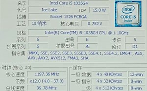 INTEL CORE I5 1035G4处理器默频状态下性能参数和CPU-Z测试得分！感谢粉丝“九年义务教育幸存者a”提供测试视频！