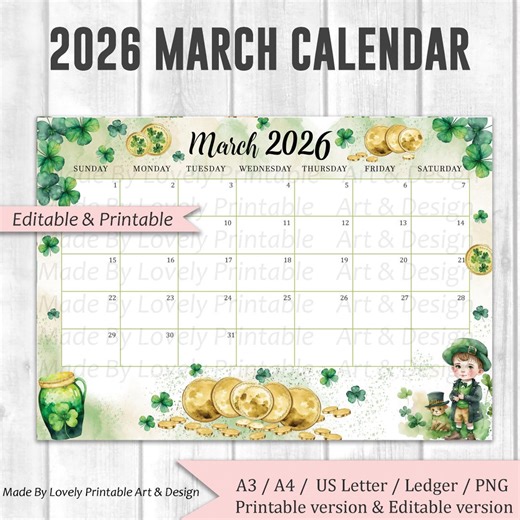 EDITABLE March 2026 Calendar, Happy St.patrick's Day Planner, Printable Fillable Classroom Calendar, Kids School Schedule, Instant Download - Etsy Australia