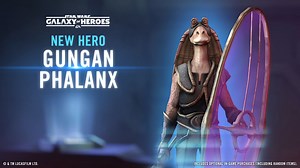 A new Gungan character has arrived #ontheholotable in STAR WARS™: Galaxy of Heroes. The Gungan Phalanx wields a Gungan personal energy shield that can deflect blaster fire and protect against solid weaponry. Add this unit to your squad for a limited time. Download now at https://go.ea.com/swgoh | Lucasfilm Games