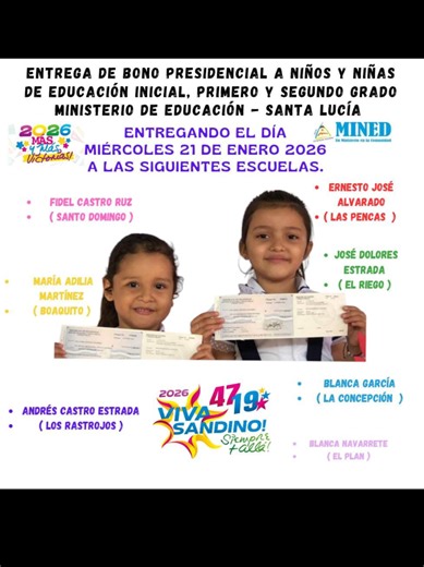 Bono presidencial 2026 dirigido a niñas y niños de educación inicial, primero y segundo grado.