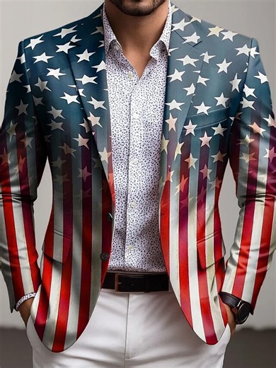 American Independence Day Men's American Flag Blazer Jacket Coat Fashion Comfortable Breathable Artistic Casual Casual Daily Festival Pocket 3D Print Buttons All Seasons Notch Long Sleeve Blue 2025
