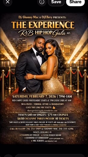 Dj-Shonny Mac & DjEllery PRESENTS : THE EXPERIENCE R&B HIP HOP GALA AT : AURA Venue CLE 4700 LAKESIDE AVE SATURDAY, FEBRUARY 7, 2026, 7PM-1AM RED CARPET ENTRY PHOTOSHOOT STARTS AT 7PM EVENT ENDS AT 1AM 30 & OVER / FORMAL ATTIRE IS MANDATORY CLICK THIS LINK FOR TICKETS : 👇🏽 https://theexperiencegala.eventbrite.com TICKETS $40 FOR SINGLES / $75 FOR COUPLES $650 EXCLUSIVE TABLES INCLUDE 10 TICKETS $40 TICKETS & $650 EXCLUSIVE TABLES INCLUDE 10 TICKETS ARE AVAILABLE ON EVENTBRITE RIGHT NOW & EARLY