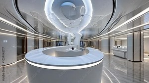 A modern, white reception desk with a unique, curved design sits in the center of a luxurious hallway on a private yacht