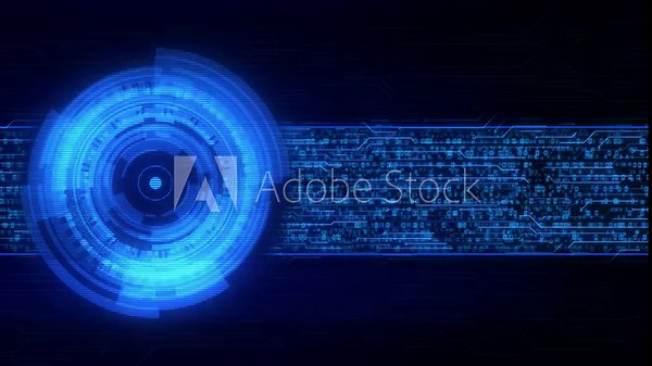 High-tech circular HUD interface digital numeric stream, advanced data visualization. Scene shows integration of digital core using futuristic technology science, computing, security, cyber concept