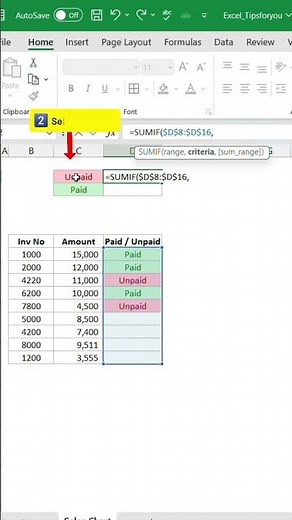 how to report Paid vs Unpaid amounts in excel using #SUMIF Function #excel #excelshortcuts