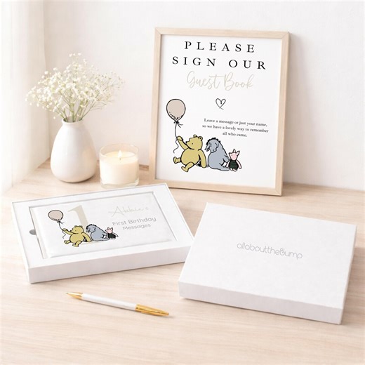 First Birthday Guest Book and Optional Sign | Pooh Bear Memory Personalised | 1st Birthday - Etsy UK