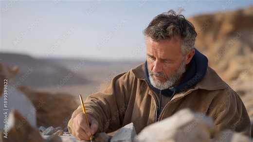 A petroleum geologist analyzing rock core samples in a rugged desert field lab, strata layers revealing clues to underground reservoirs — exploration science, subsurface geology, and resource