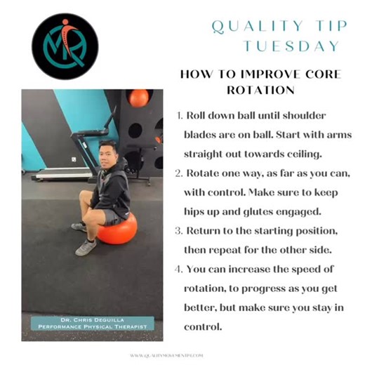 ✨ Quality Tip Tuesday ✨ Does your upper body feel locked up or your core doesn’t rotate well during movement? T-spine rotations targets controlled thoracic spine rotation using a stability ball. You can perform it slowly to build mobility and awareness, or more explosively to train athletic rotational power. When the T-spine doesn’t rotate well, your body compensates through your low back, ribs, or shoulders — leading to stiffness, discomfort, and decreased performance. Benefits: 💎 Improves rot