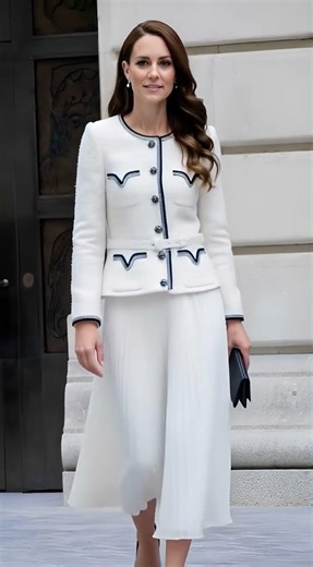 Elegant White Pleated Skirt Outfit with Classic Tweed Jacket, Black Heels, and Chic Clutch
