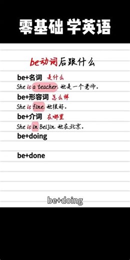 be 动词的用处非常多~这个视频帮你说清楚 be+名词=是什么 be+形容词=怎么样 be+介词=在哪里 be+doing正在做 be+done表被动 #英语话题# #英语话题# #英语教学话