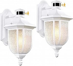 2 Pack White Motion Sensor Outdoor Wall Lights, Dusk to Dawn Outdoor Lighting, Lantern, Exterior Light Fixture, Outside Porch Lights Wall Mount for Garage Patio