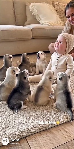 7 Husky Puppies Share a Cozy Howl Moment 🐺 | creatively crafted
