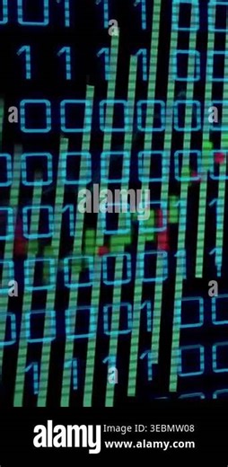 Vertical video: Data viz receiving feed, cyan bits shifting, green bars fluctuating, marking trends. Binary, grid, histogram, candlesticks, monitor, dashboard, vertical video Stock Video Footage - Alamy