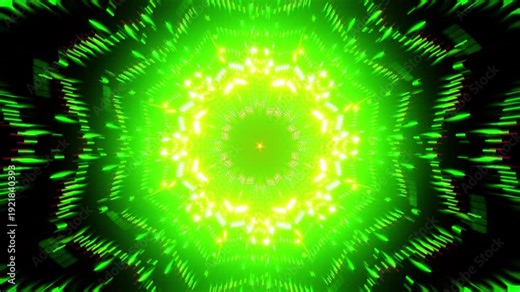 Kaleidoscopic neon mandala VJ loop with pulsing radial light motion and hypnotic