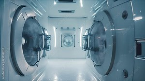 Team of astronauts in hypersleep anabiosis chamber aboard the orbital station. A crew of cosmonauts in hibernation. People in space. Galactic travel and science concept.