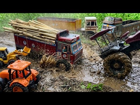 Truck Falls into Deep Water Pit 😱 | Wood Load Truck Stuck in Mud | Tractor Rescue Action 🚜