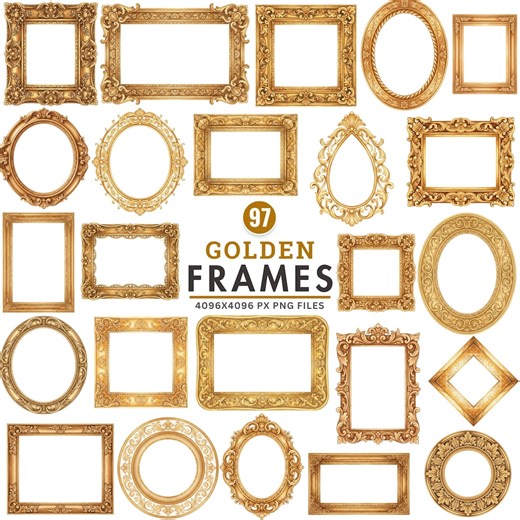 Watercolor Gold Frame Clipart PNG, Vintage Ornate Gold Frames, Antique Oval and Square Borders, Wedding Invitation Frame PNG, Commercial Use - Etsy Canada