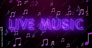Live Music text with music symbols animation in 4K. Neon-colored text with a glowing moving outline and symbols on a colorful background in 4K. Technology video material animation. Easy to use.