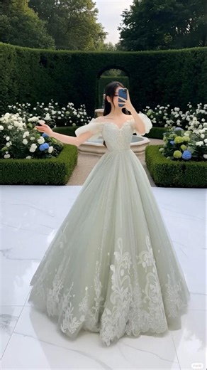 Light Sage Green Sparkle Lace Ball Gown | Romantic Prom Look #SageGreenBallGown #LaceBallGown