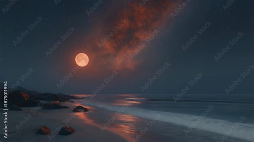 timelapse A peaceful full moon beach scene at night, where bright moonlight shines over the calm ocean and reflects gently on the shoreline
