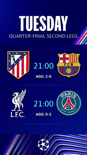 Champions League Quarter-Finals Today 🔥 Atlético Madrid vs Barcelona & Liverpool vs PSG