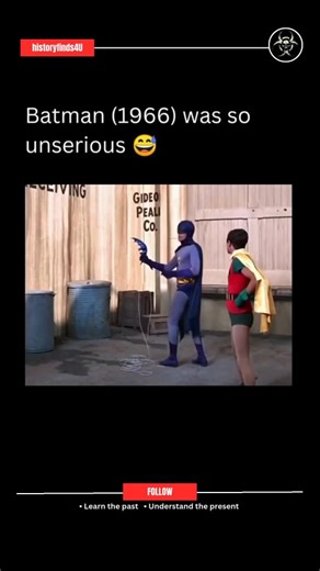 History || Ancient History on Instagram: "Batman (1966) was a live-action television series that aired from 1966 to 1968, starring Adam West as Batman and Burt Ward as Robin. The show was famous for its colorful, comic book-style action, complete with on-screen words like “Pow!” and “Bam!” during fight scenes. It embraced a campy, humorous tone, often parodying the superhero genre rather than taking it too seriously. Each episode featured over-the-top villains like the Joker, Penguin, Riddler, a