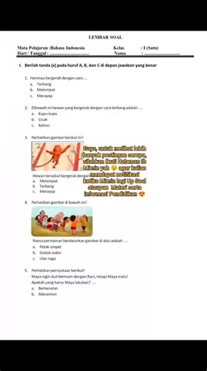 Lembar Soal Bahasa Indonesia Kelas 1 SD Semester 2 . Untuk melihat versi lengkap silahkan kunjungi JALUR PPG 😉 #soal #pgsd #worksheet | JALUR PPG
