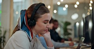 Frustrated woman, night or consultant with headphones in call center for burnout, fatigue or stress at office. Tired, female person or bored agent working late with online crisis, mistake or pressure