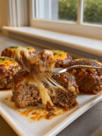 Cheesy Stuffed Meatloaf Bites 🧀🥩 Juicy mini meatloaf bites stuffed with gooey melted cheese and topped with tangy ketchup glaze—an easy, bite-sized comfort food perfect for weeknights or parties! Ingredients: 1 lb ground beef 1/2 cup breadcrumbs 1/4 cup milk 1 large egg Recipe in the Coʍʍеոτ 👇 | Recipes by banana