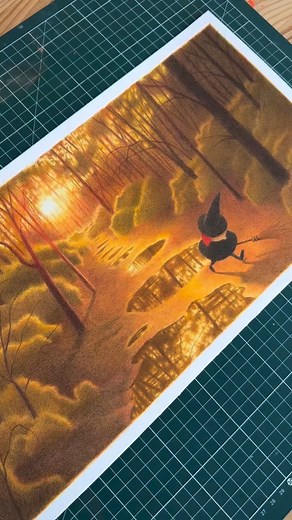 Colored pencil illustration by artist @florian_pige — a poetic depiction of a forest bathed in golden light, capturing the magic of reflection and atmosphere. The subtle blend of acrylic ink and pencil creates a dreamlike harmony between light, texture, and storytelling. Artist: @florian_pige #coloredpencil #illustrationart #traditionalart #acrylicink #fantasyart #fineart #illustrationprocess | Color Pencil Masters