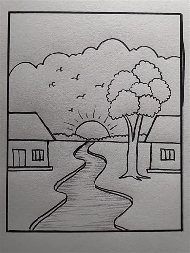 Sunset scenery drawing#drawing #Foryou #artistsoftiktok #arteducation #trending