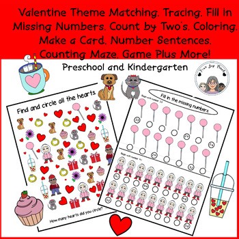 Valentine theme color trace count fill in match number game  base 10 PreK K 1st
