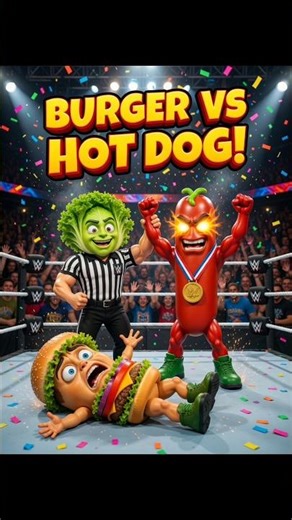 Burger 🍔 vs Hot Dog 🌭 – Epic WWE Food Fight | Mad Food Fight #shorts #funny