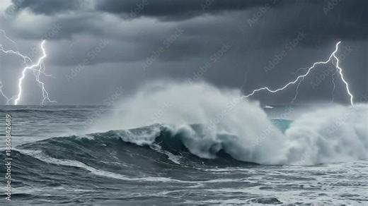 Dramatic Ocean Storm with Lightning Strikes and Crashing Waves Footage