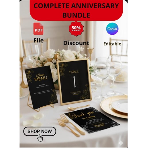 50th Anniversary Table Suite, Black and Gold Floral, Editable PDF - Etsy