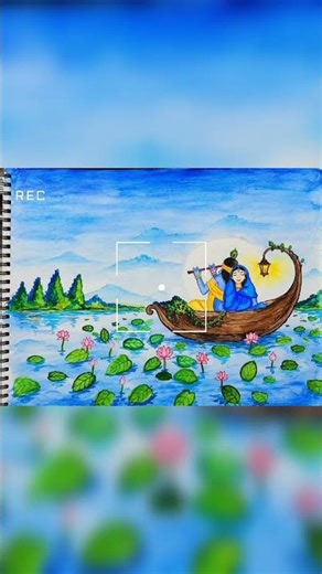 Viral Krishna Art|Radha Krishna Love Painting 💫 | Beautiful Lake Scenery Art