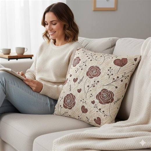 Vintage Rose Pattern Woven Pillow | Floral Hearts Boho Home Decor - Etsy