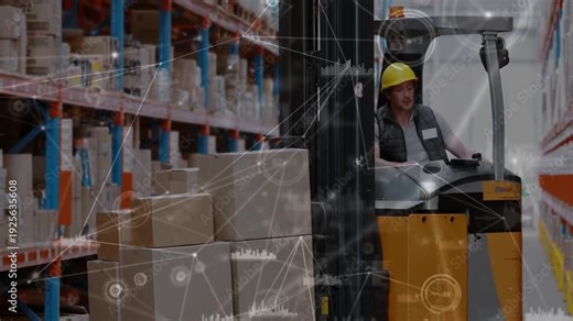 Forklift driver nearing warehouse rack, aligning forks and placing pallet while HUD overlay growing