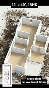 12ft x 40ft house plan, realistic transformation from 2D plan to 3D. this plan has 1 bedroom, hall, kitchen and Toilet. | Build It Fab